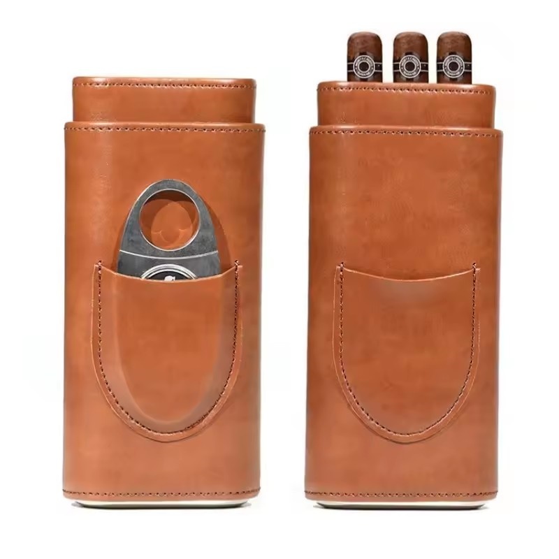 Premium Cigar Case - Leren sigarenkoker 3-vingerzakje met cederhoutvoering Premium